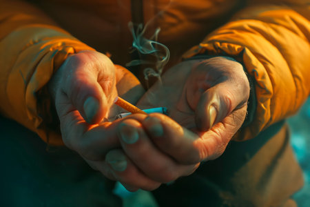 close-up of a man's hands breaking a cigarette in half. Harm from smoking. World No Tobacco Dayの素材