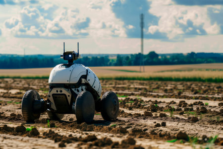 A military drone on wheels for mine clearance drives across a fieldの素材