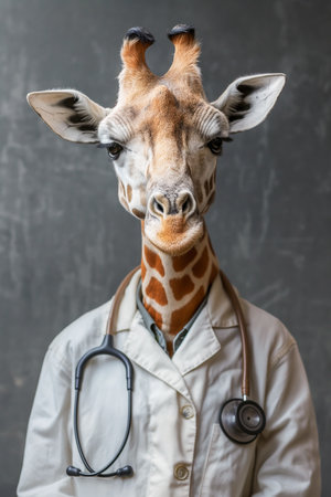 Giraffe in a doctor's suit on a white backgroundの素材