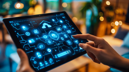 A tablet displaying colorful graphs of smart home app energy usage sits on kitchen counterの素材