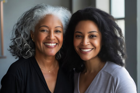 Portrait of two cute smiling African American women. One is older with gray hair, the other with dark curly hair. Self-acceptance. Body positive.の素材