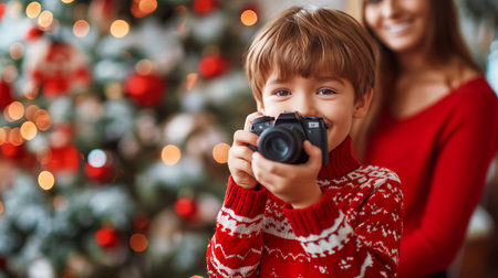 A boy with a camera takes photographs of a family near the Christmas treeの素材