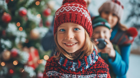 A boy with a camera takes photographs of a family near the Christmas treeの素材