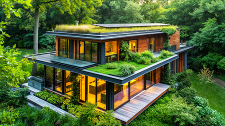 Eco-friendly house with renewable energy sources, green roof, modern design. Solar panels on the roof of a modern house. Renewable energy sources in civil engineeringの素材