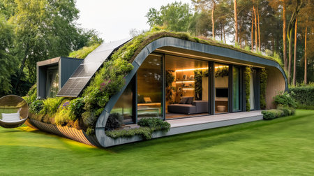 Eco-friendly house with renewable energy sources, green roof, modern design. Solar panels on the roof of a modern house. Renewable energy sources in civil engineeringの素材