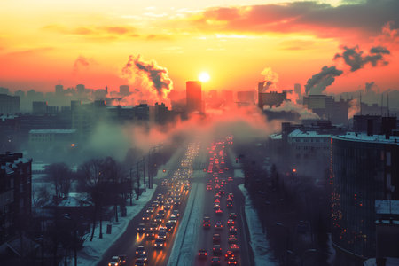 Car traffic during rush hour in the city center. Street pollution. Exhaust gases from cars and factory pipes. City center with cars and buildings in the background.の素材