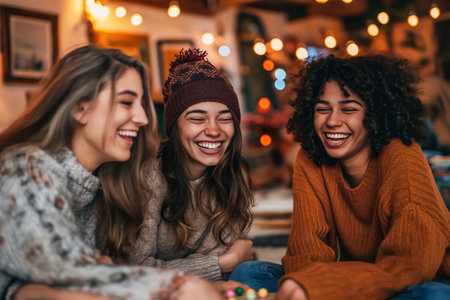 Laughing affectionate girlfriends, smiling happily with pleasure and pleasure in front of the camera, students talking merryly. Girlfriends, friendship conceptの素材