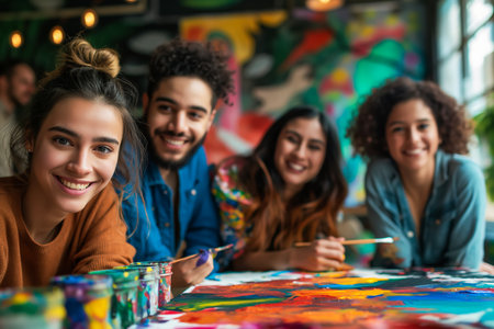 A group of students laugh and paint a bright picture. Friendship and shared communication conceptの素材