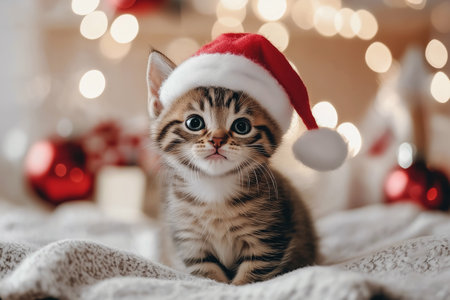 Super cute kitten wearing a Santa hat with Christmas decorations in the background sitting in a row and there is copy space.の素材
