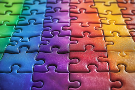 colorful rainbow puzzles. Flat lay.の素材