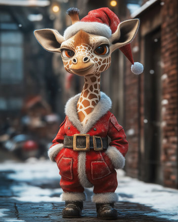 Cute humanoid giraffe dressed as Santa Claus. Christmas moodの素材