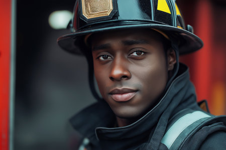 Portrait of a black male firefighter at a fire station. A confident emergency services employee from African countries.の素材