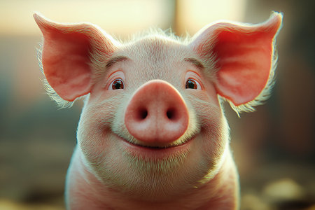 Close-up of a cute cartoon pig smiling at the camera.の素材