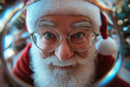Portrait of a cheerful Santa Claus through a door peephole. Christmas mood.の素材