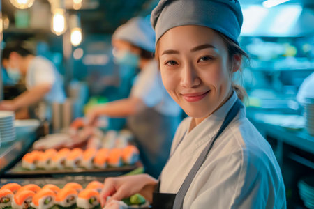 Portrait of a cheerful sushi chef woman preparing sushi in a restaurant.の素材