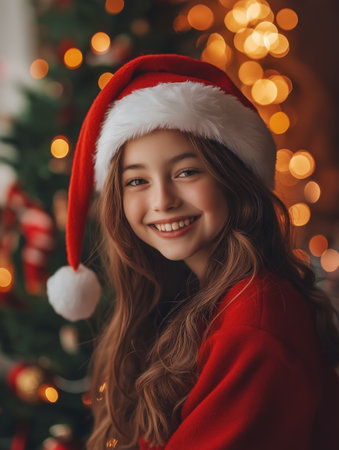 portrait of a teenage girl wearing a red Santa hat and Santa suit smiling joyfullyの素材