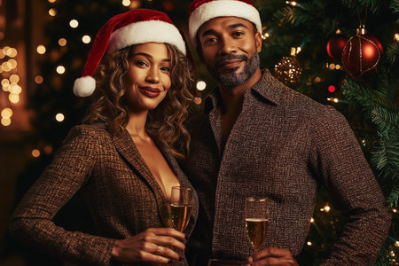 A touching close-up portrait of a couple, wearing fashionable clothes and Santa hats, standing in front of a Christmas tree with glasses of champagne. Christmas portrait at a corporate party.の素材