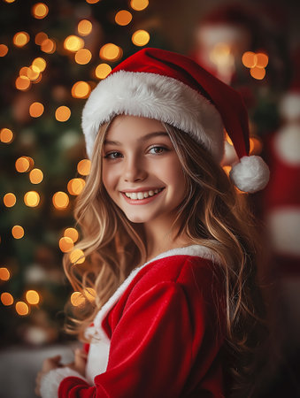 portrait of a teenage girl wearing a red Santa hat and Santa suit smiling joyfullyの素材