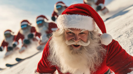a group of cheerful Santa Clauses skiing down the mountain,の素材