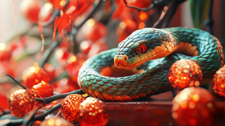 Green wood snake Chinese New Year concept. Background in traditional colors of red and gold.の素材