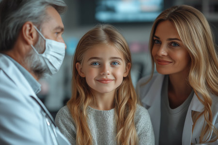 A girl in a mask and her mother talk to a doctor in a clinic. Doctor-patient interaction concept. Children's doctor, viral diseases, COVID-19 pandemic.の素材
