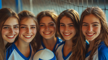Volleyball team of smiling and happy girls posing in a white and blue volleyball uniform and with a volleyball ball, on the volleyball field. National Girls and Women in Sports dayの素材