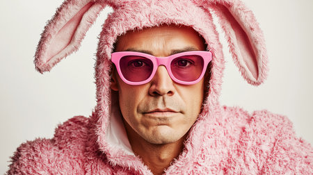 An older man wearing a pink Easter bunny costume and sunglasses on a light pink background with copy space. Concept for Easter holiday.の素材