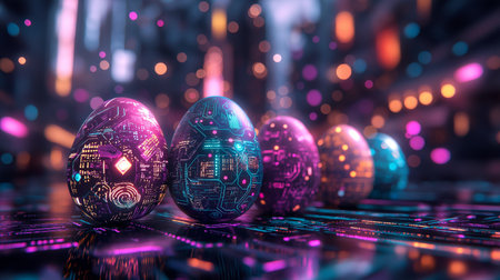 Easter eggs covered with bright neon patterns on a dark futuristic background. Modern Easter concept with empty space for text. Flat lay style.の素材