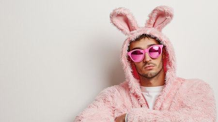 An older man wearing a pink Easter bunny costume and sunglasses on a light pink background with copy space. Concept for Easter holiday. Banner for advertising.の素材