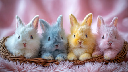 Small fluffy Easter bunnies in a wicker basket, painted in the bright pastel colors of traditional Easter eggs. Easter concept.の素材