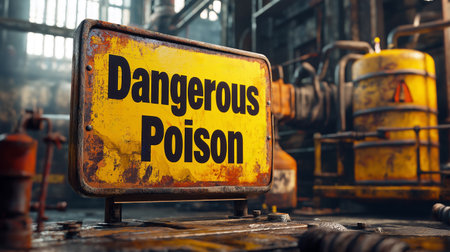 Yellow sign "Dangerous poison" in a warehouse at the factory. There are barrels of chemicals in the background. National Poison Prevention Month conceptの素材