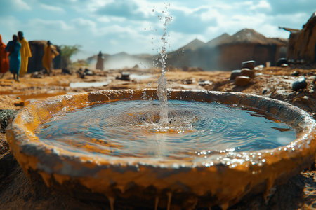 A watering hole for the people of Africa. Drought in Africa and water shortage. Residents of Africa drink water from a half-dried fountain.の素材
