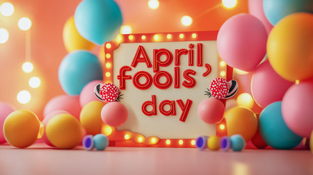 April 1st. Image of april 1 festive decor on the rose background. April Fool's Day.の素材