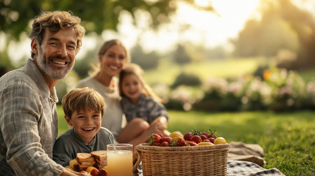 Happy family on a picnic in the spring on a green meadow. Picnic basket with fruit, bread and lemonade. A warm wool blanket lies on the grass at sunset. Soft focus. Spring moodの素材