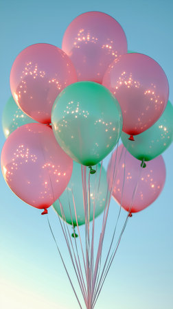 Transparent pink and mint green balloons in a bunch against a clear blue sky. Party concept. Spring and summer concept. Vertical photoの素材