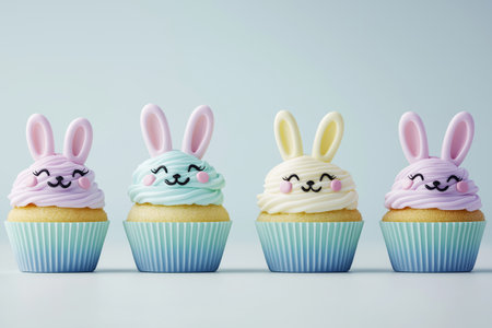 Easter cupcakes with bunny faces and ears on a yellow background. Easter background. Space for descriptionの素材
