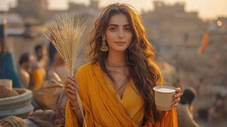 Indian Woman in a yellow dress stands in a bustling market, holding a bundle of wheat and a cup of milk. She gazes calmly with a serene expression, capturing traditional and cultural beauty.の素材