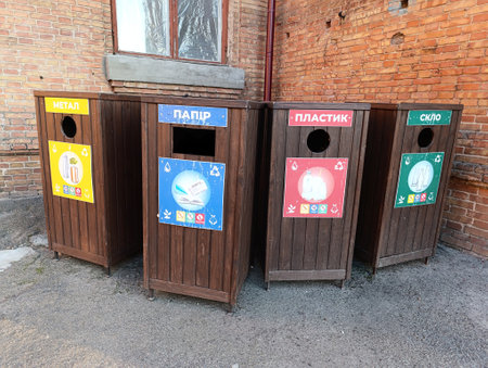 Collection of waste bins full of different types of garbage, recycling and separate waste collection conceptの写真素材