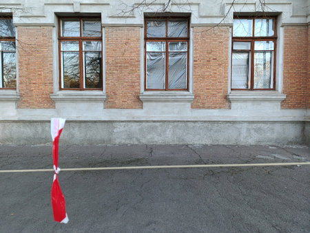 Vintage architecture ruined facade red brick building front viewの写真素材