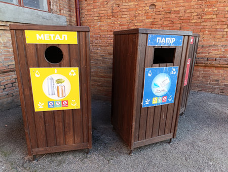 Collection of waste bins full of different types of garbage, recycling and separate waste collection conceptの写真素材