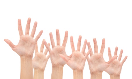 Group of Hands in the air isolated on white backgroundの写真素材