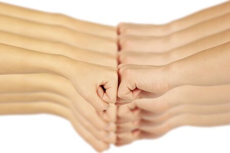 Two hands: man and woman, isolated on whiteの写真素材