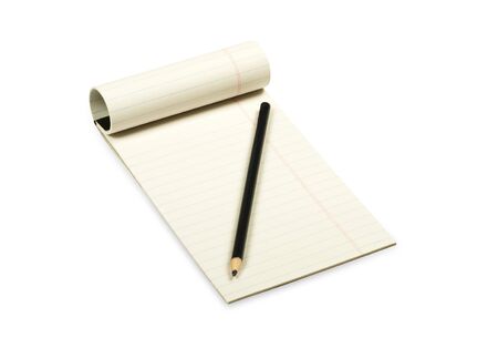 yellow paper for reading with pencil isolated on whiteの写真素材