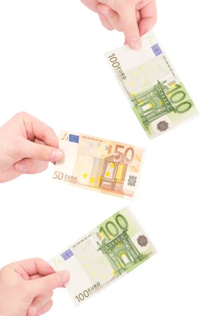 Money (Euro) in a hand isolated on whiteの写真素材