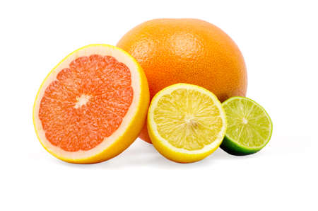 image of a fresh whole lime,lemon and orange isolated on whiteの写真素材