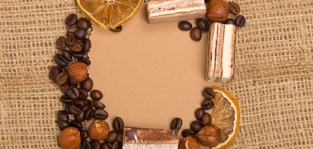 old paper for recipes and spices on burlap closeupの写真素材