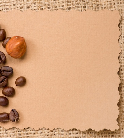 old paper for recipes and spices on burlap closeupの写真素材