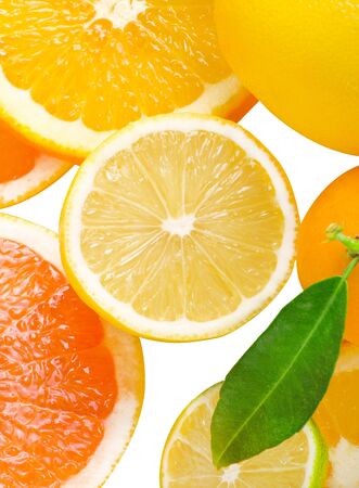 Mix of citrus slice isolated on whiteの写真素材