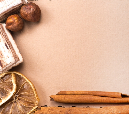 Menu Design. Old paper, coffee bean, cinnamon, lemon, burlap.の写真素材