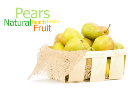 Juicy flavorful pears in box isolated on whiteの写真素材